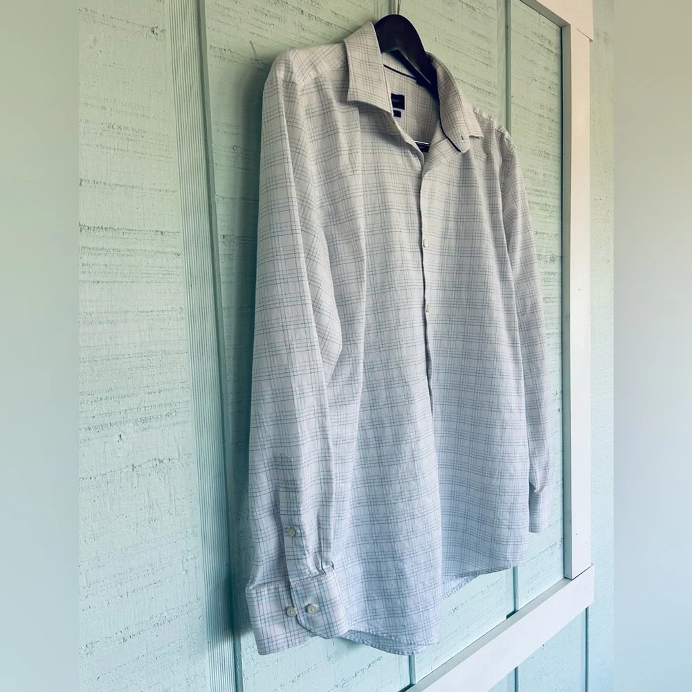 Bugatchi Button-Down Size 17 34/35 White Blue Pink Check Stretch LS (B9-1052)
